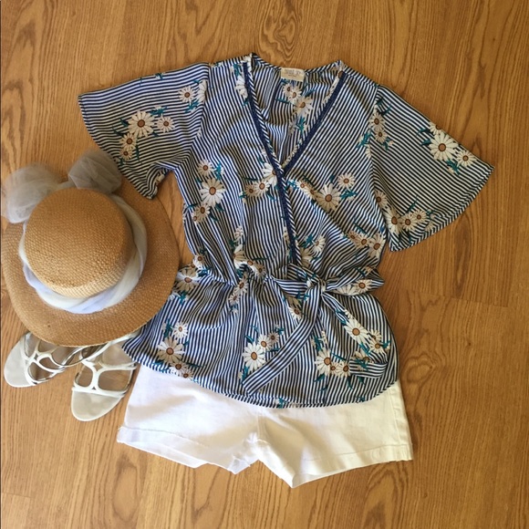 Sienna Sky Tops - Sienna Sky Blue/White Floral Faux Wrap Blouse sz S